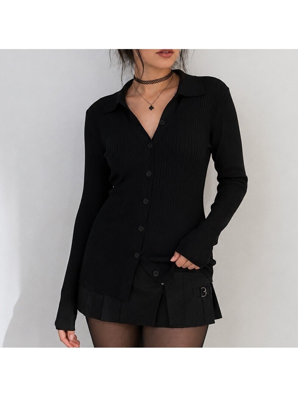 The Drop Black Ribbed Button Front Cardigan Sweater Small Goth Grunge Preppy